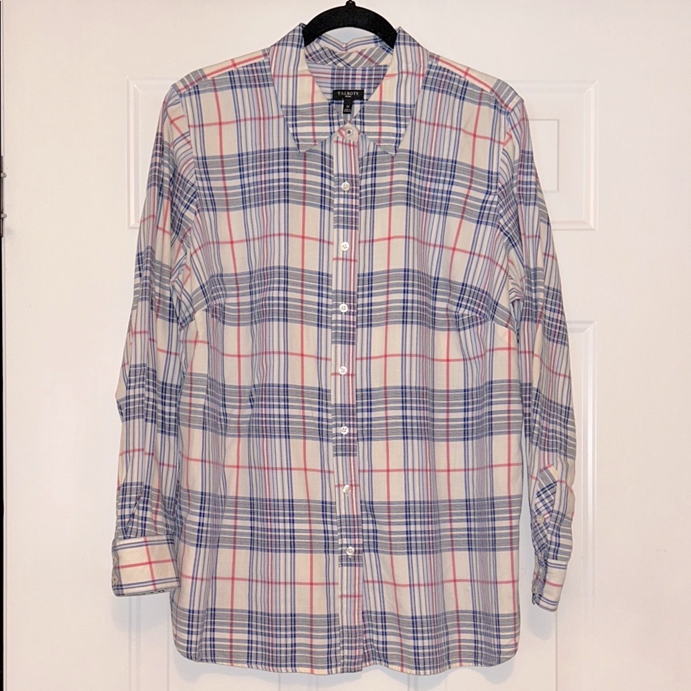 Talbots Plaid Cotton Button-Up Shirt 1X Blue Red Casual Career Timeless Preppy